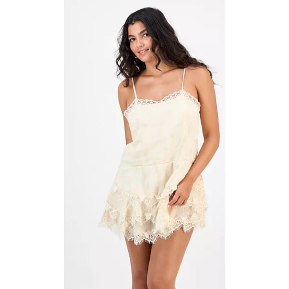 Lace-Trim Spaghetti Strap Mini Dress in Cream